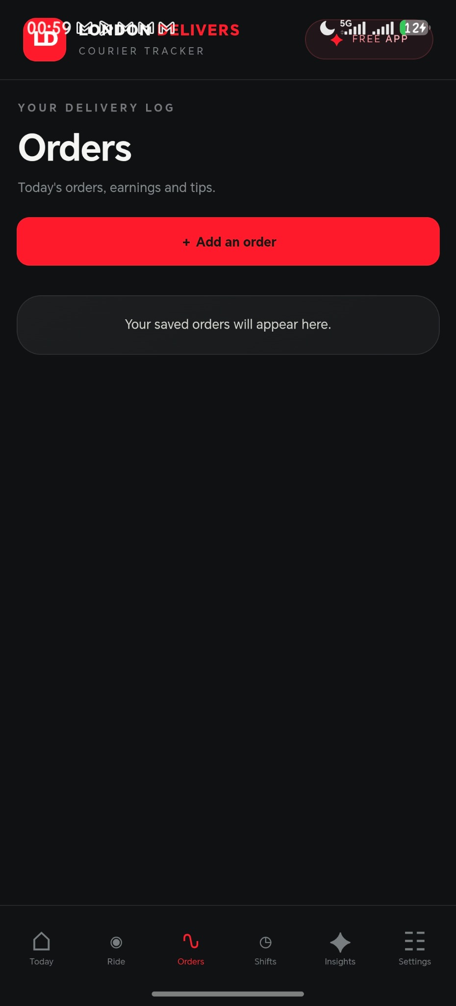 Orders page with the delivery log and add order button