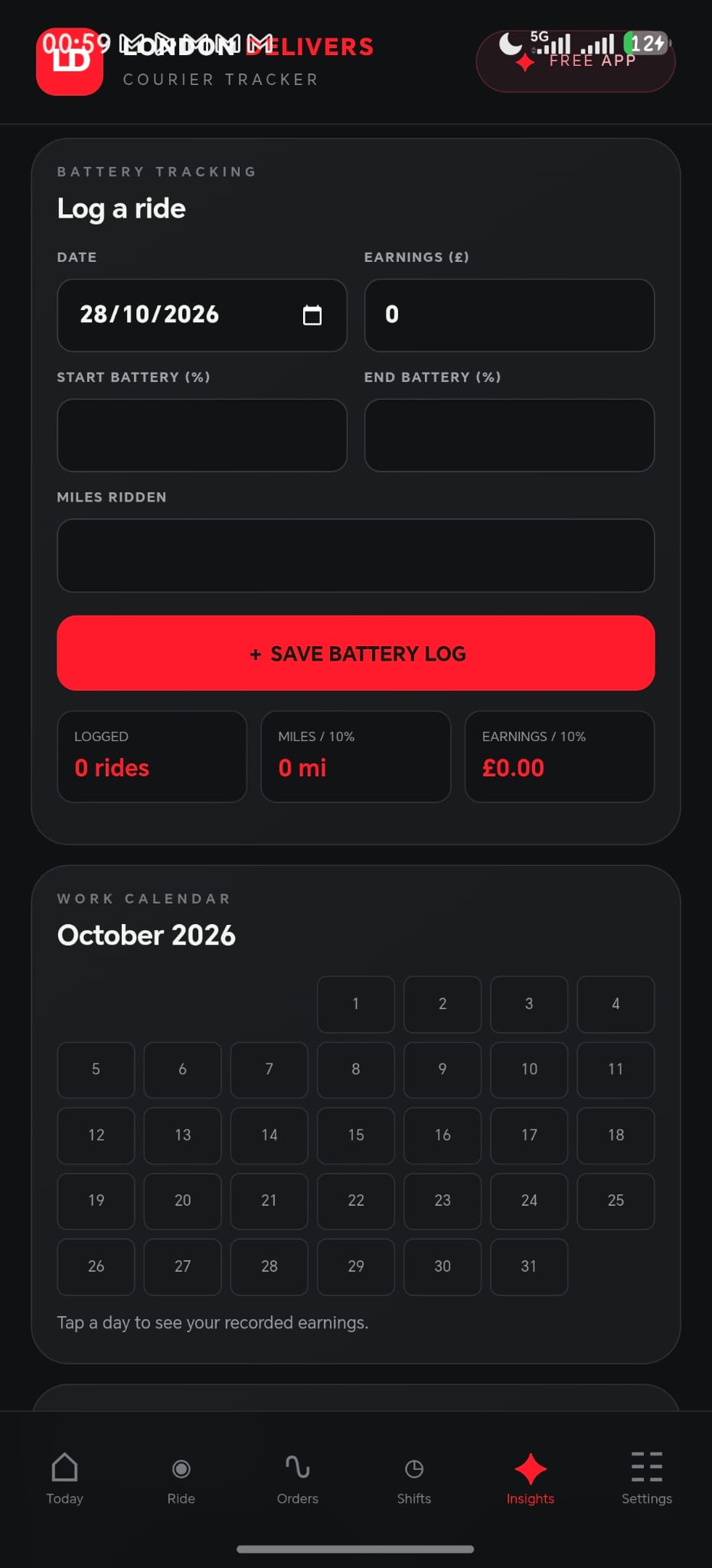 Battery ride log with start and end charge, miles, and monthly calendar