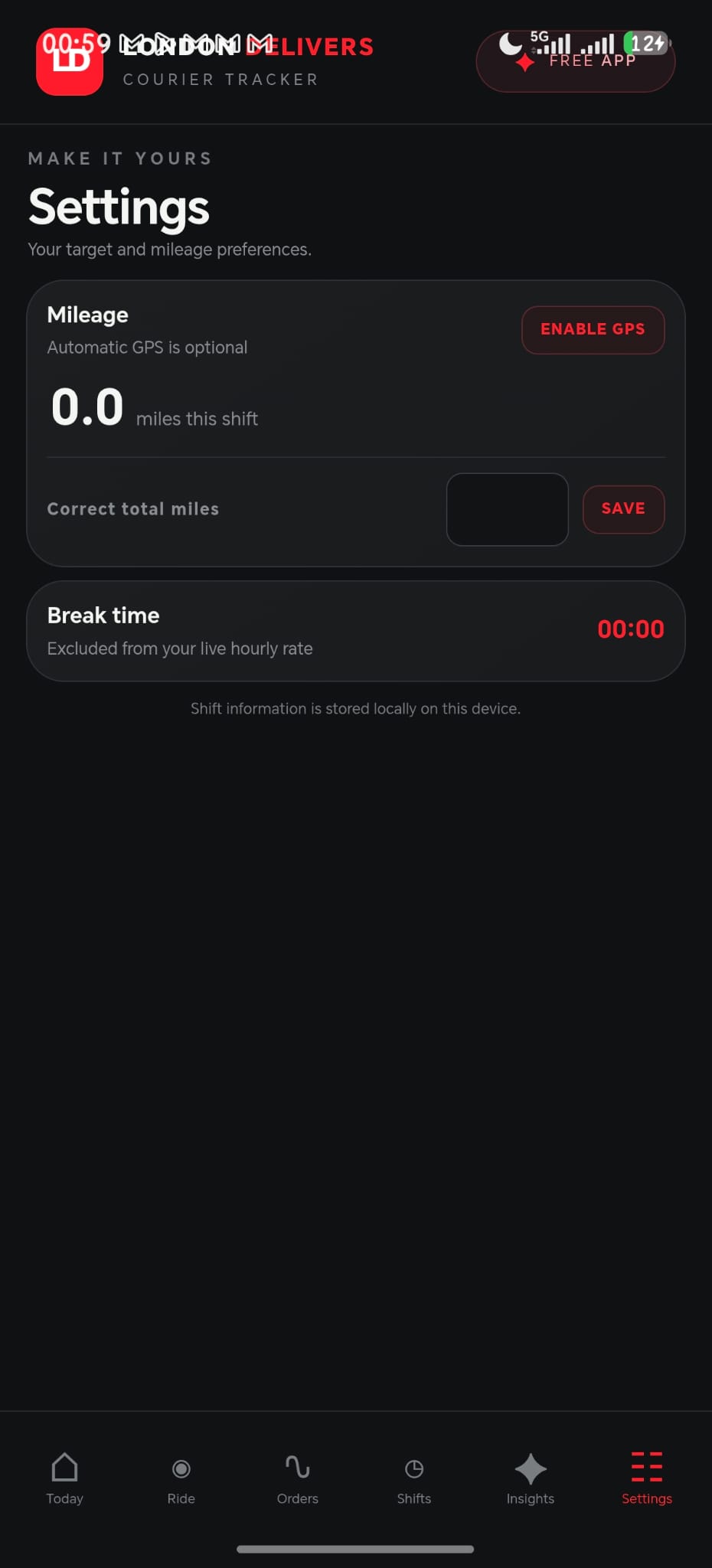 Settings screen showing optional GPS mileage and local shift information