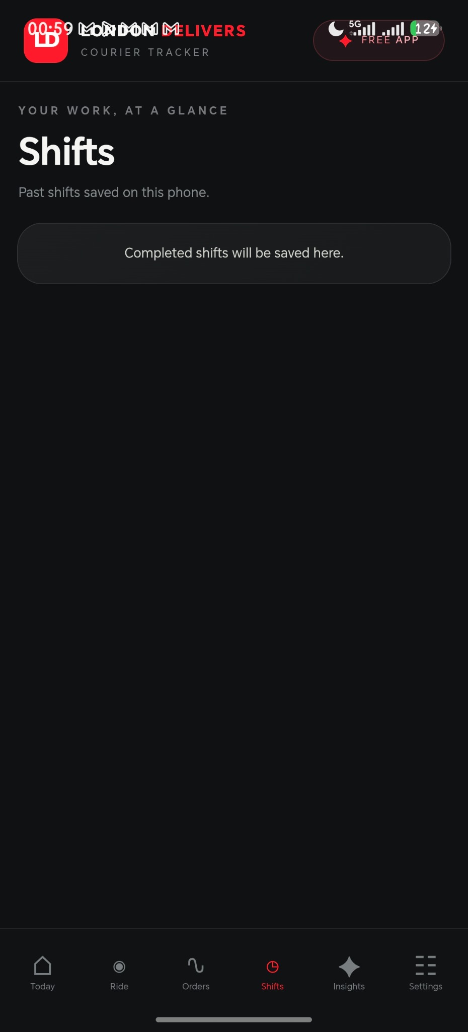 Shifts page with completed shifts saved on the phone