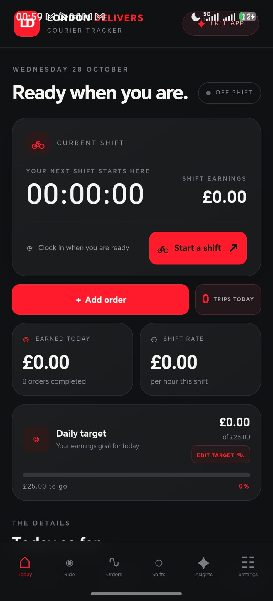 Today dashboard with shift timer, earnings and daily goal