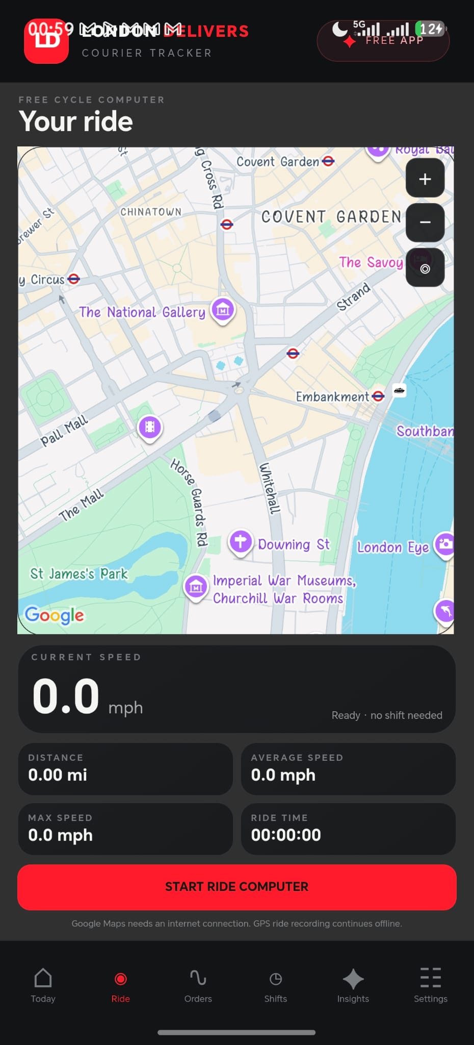 Ride computer showing a London map, GPS controls and ride metrics