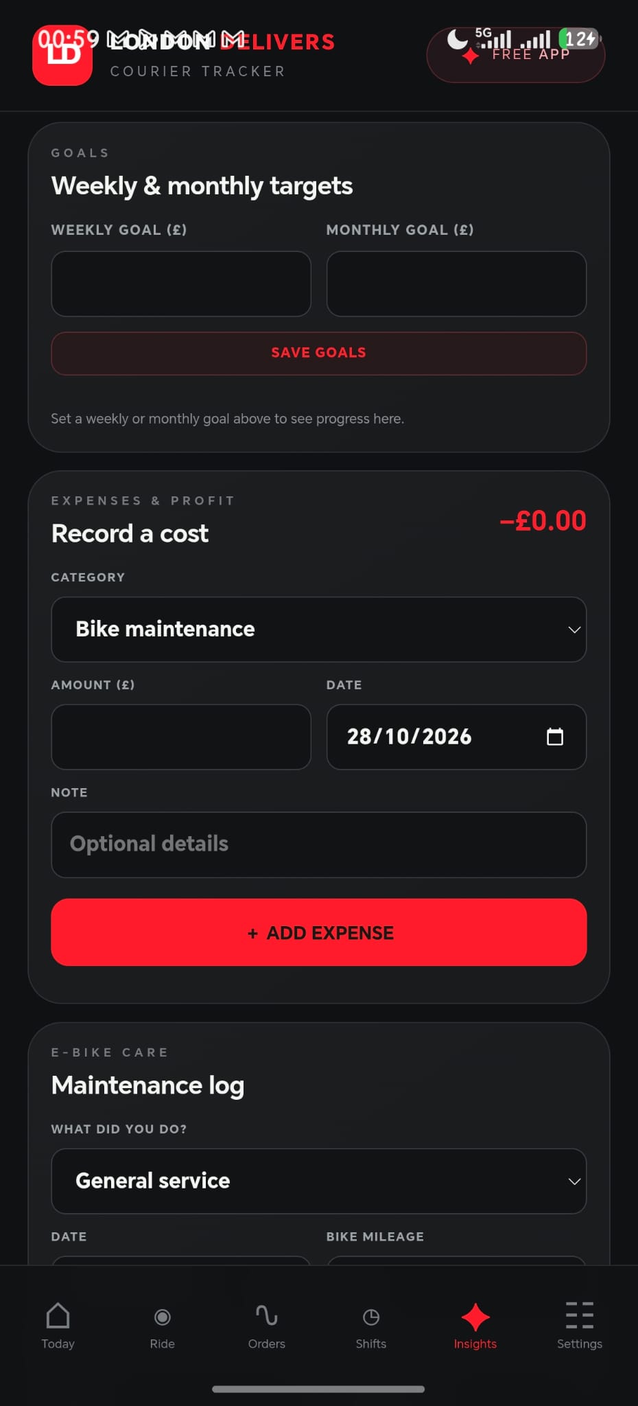 Goals and expenses screen with weekly and monthly targets and cost logging