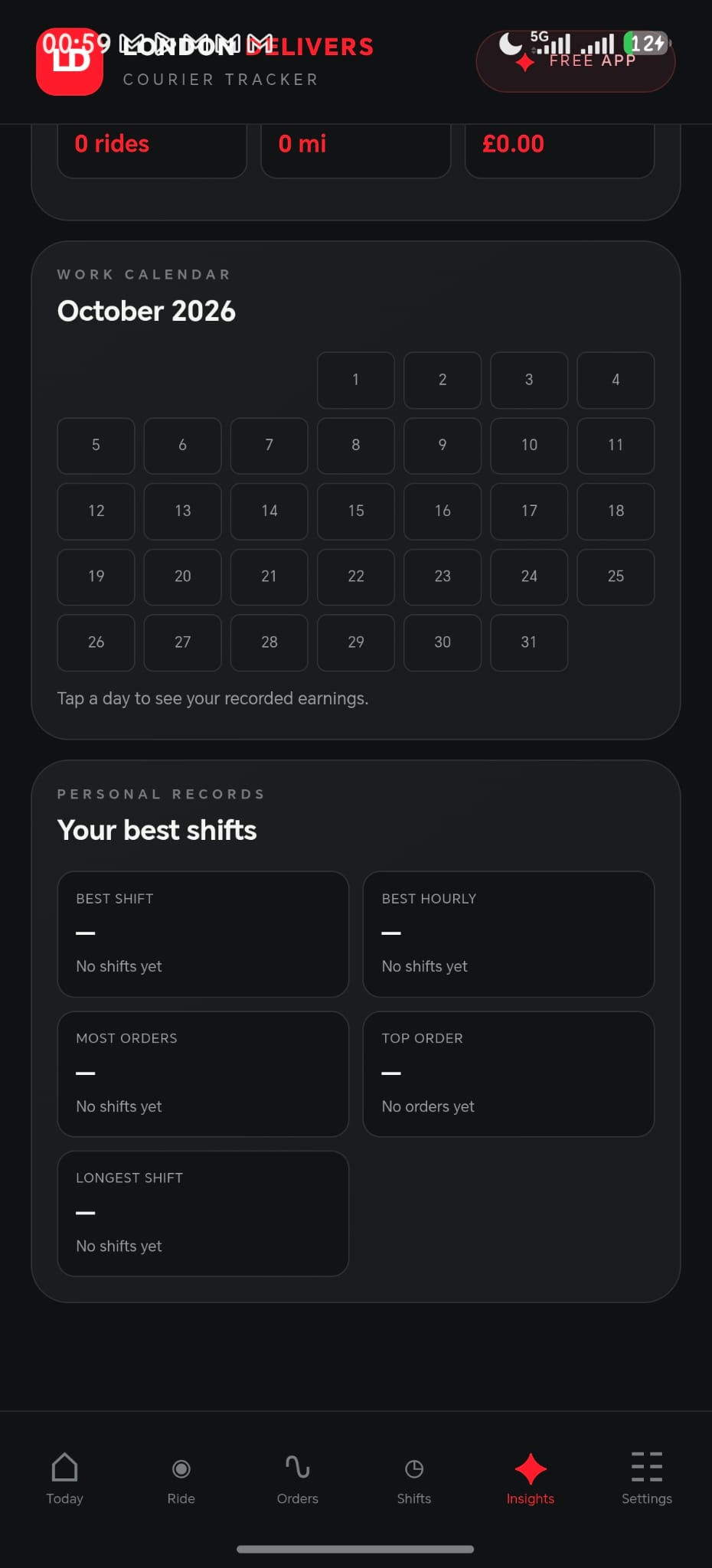 Work calendar and personal records including best shifts and top order